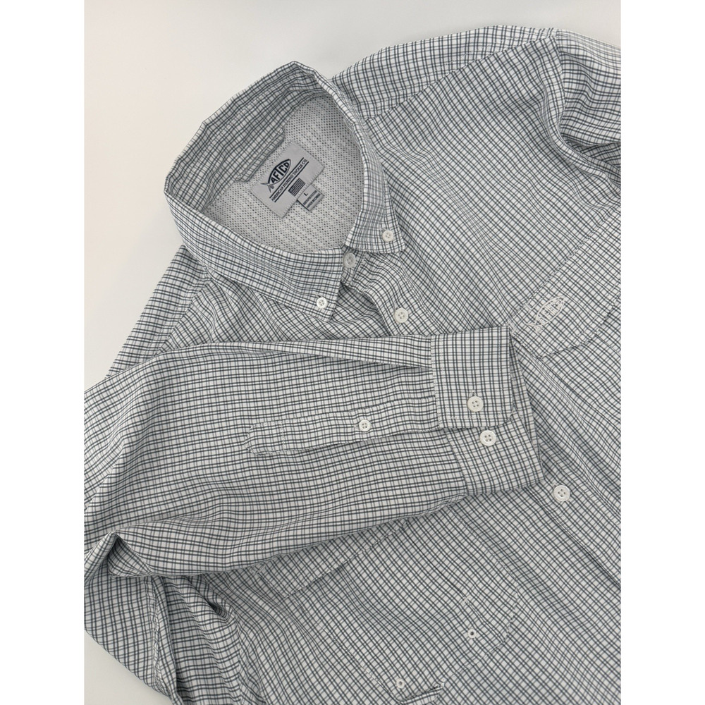 AFTCO Shirt Men L White Blue Plaid Performance Fishing Long Sleeve Button-Down